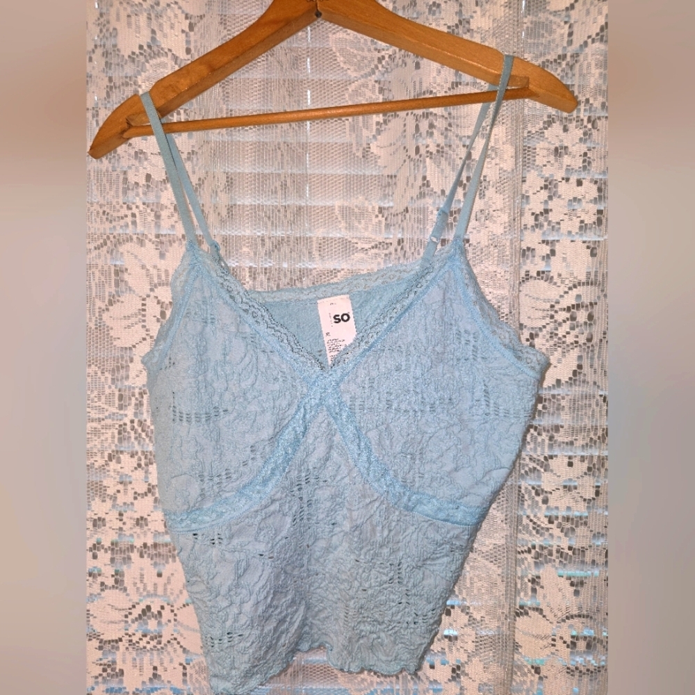SO Lace Cami, Baby Blue, Cropped Babydoll Stretch Tank Top, XL Blue Cami